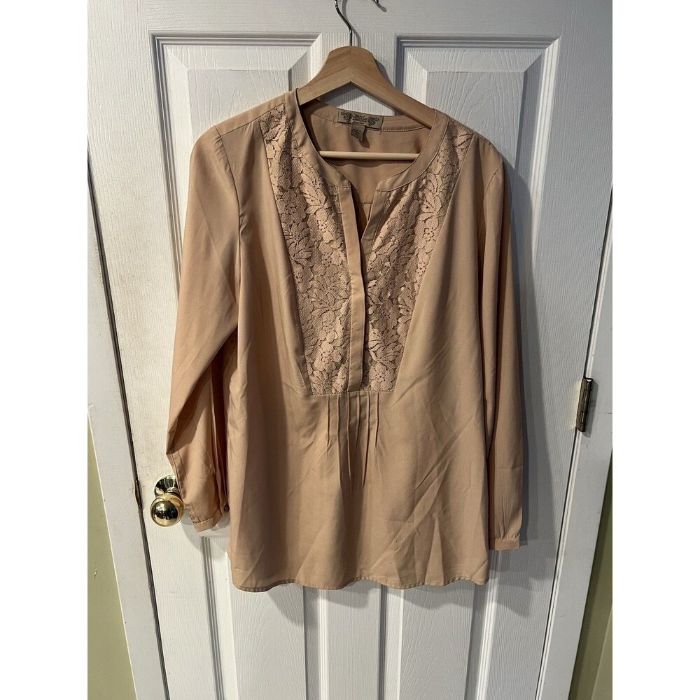 NINE WEST VINTAGE AMERICA Blouse Womens M Lace Inlay Beige Tunic Feminine Whimsy - Picture 8 of 8
